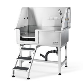 VEVOR 38" Pet Dog Bathing Station w/Ramp, Professional Stainless Steel Dog Grooming Tub w/ Storage Drawer, Floor Grate, Faucet, Dog Bathtub for Large,